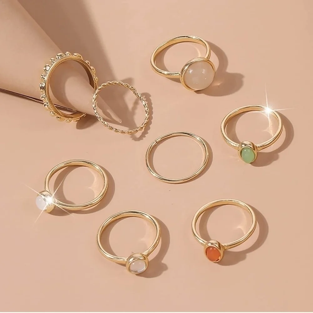 8pc Stackable Opal Crystal Gem Ring Set Gold Boho Vintage Rhinestone Size 6.5-7